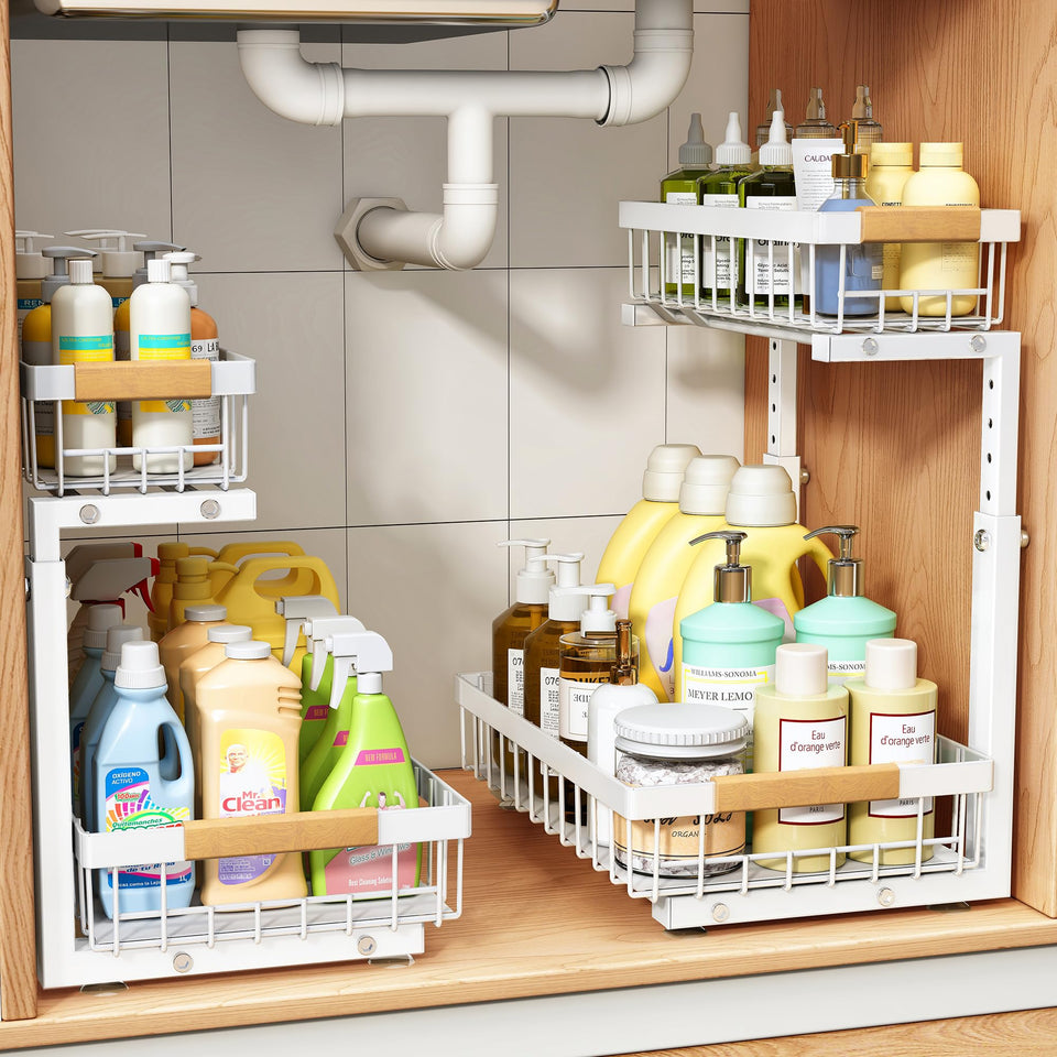 PXRACK under-sink organizer with C-shape design keeps plumbing clear.