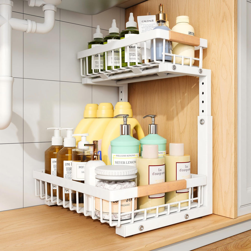 PXRACK under-sink organizer with C-shape design saves space around plumbing.