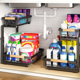 PXRACK under-sink organizer with C-shape design saves space under the sink.