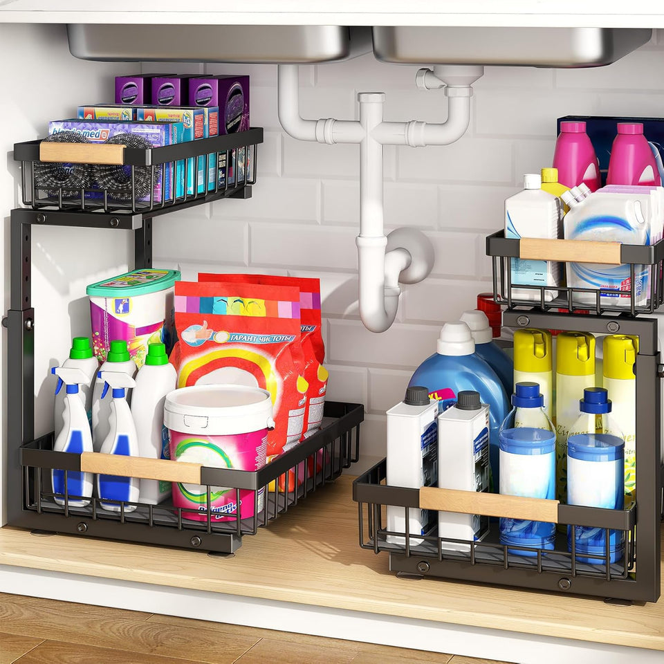PXRACK under-sink organizer with C-shape design saves space under the sink.