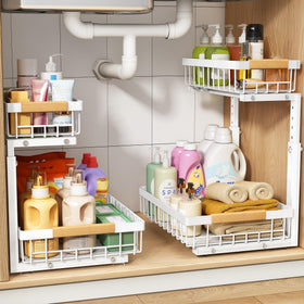 PXRACK under-sink organizer with C-shape design for plumbing-friendly fit