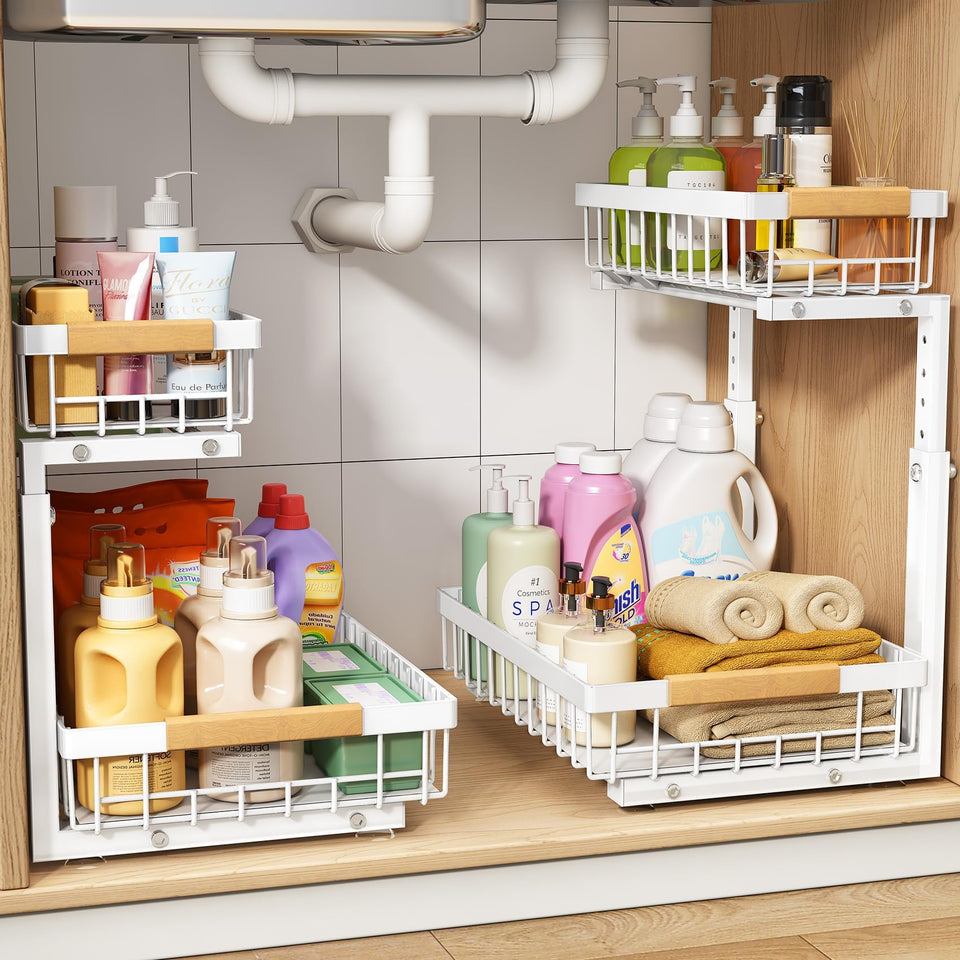 PXRACK under-sink organizer with C-shape design for plumbing-friendly fit