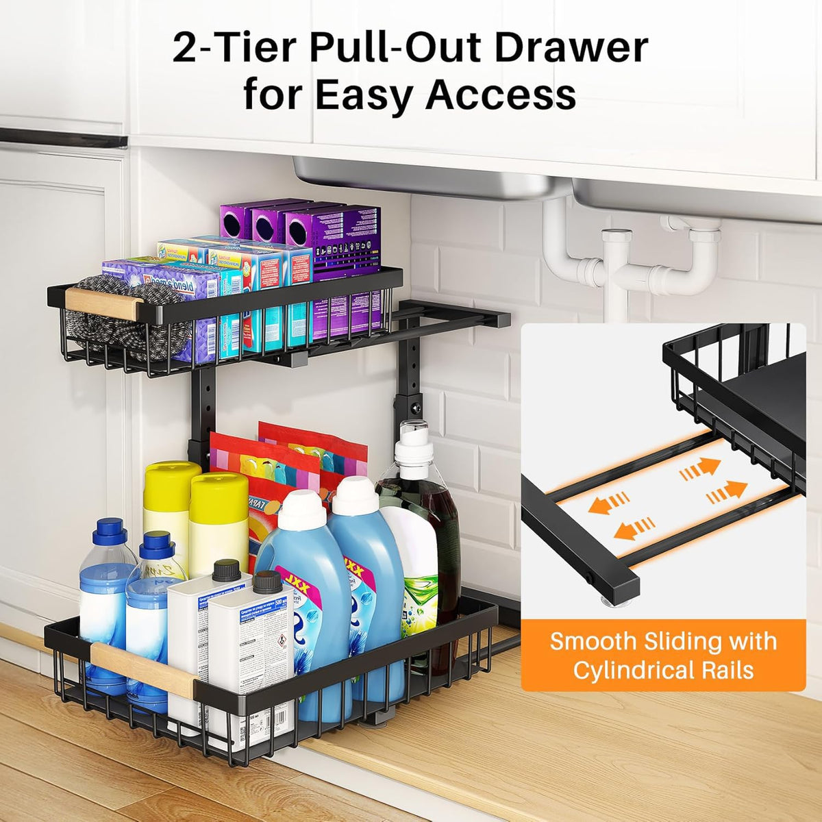 PXRACK height-adjustable under-sink rack fits different cabinets while staying organized.