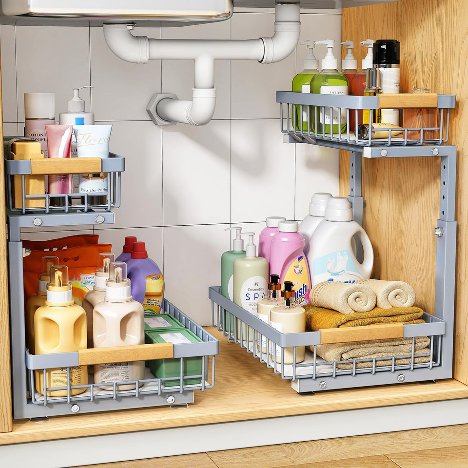 PXRACK two-tier slide-out under sink organizer for easy cabinet access