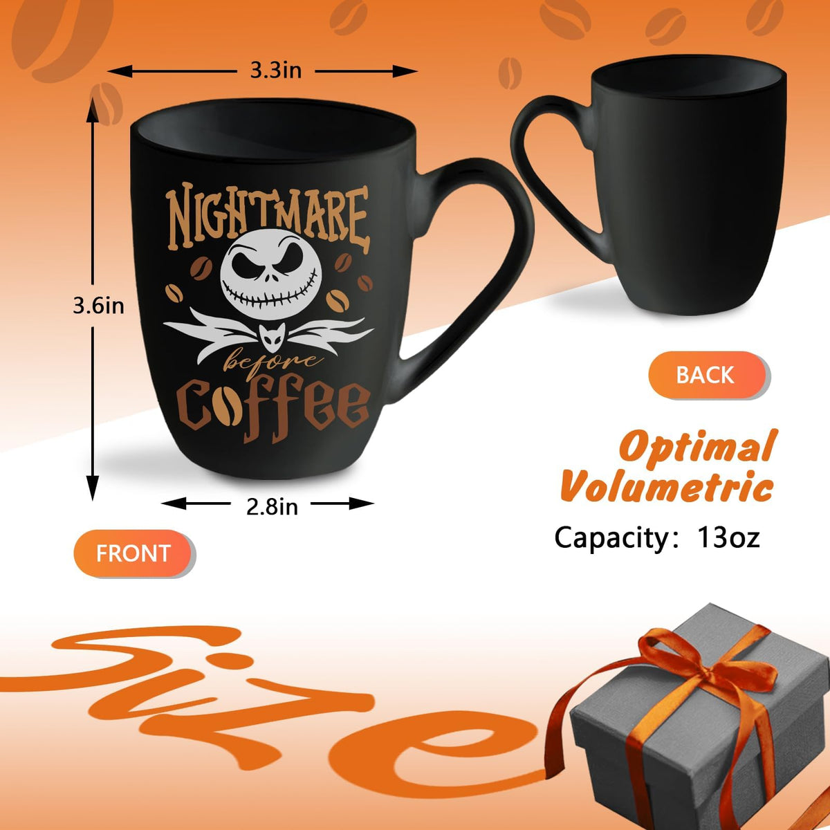 Pycat Jack mug featuring Nightmare Before Coffee text, a playful seasonal gift.