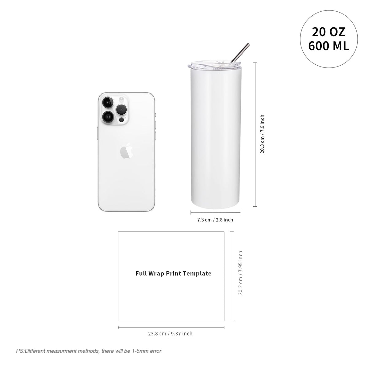 PYD Life 20 oz skinny tumbler side view showing straight design for wrap printing