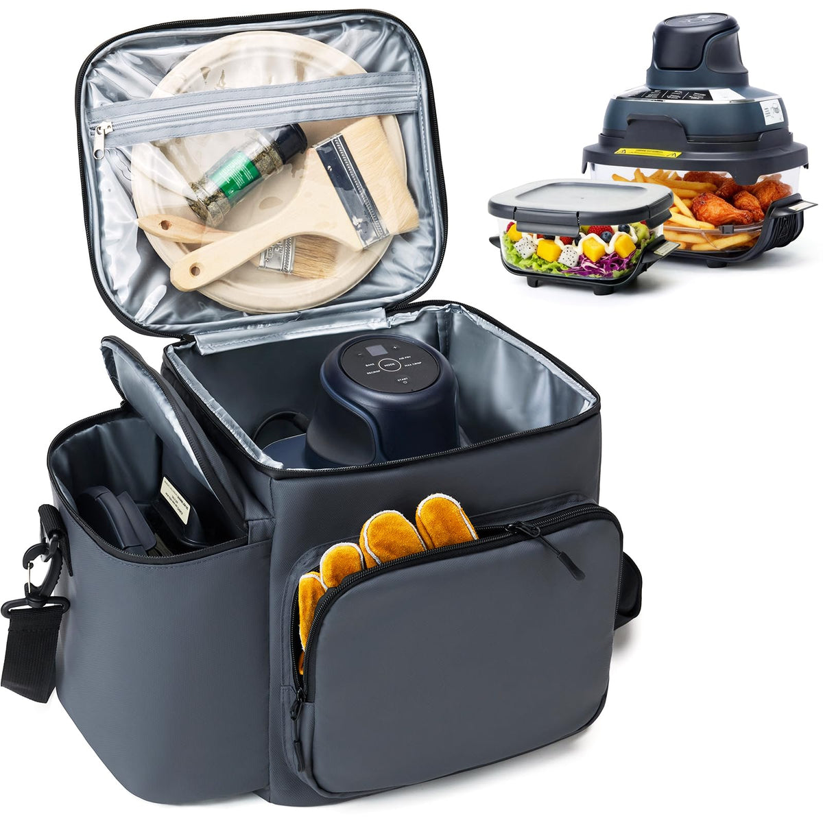 PYJH Ninja Crispi case two compartments keeps Power Pod and glass container organized for travel.