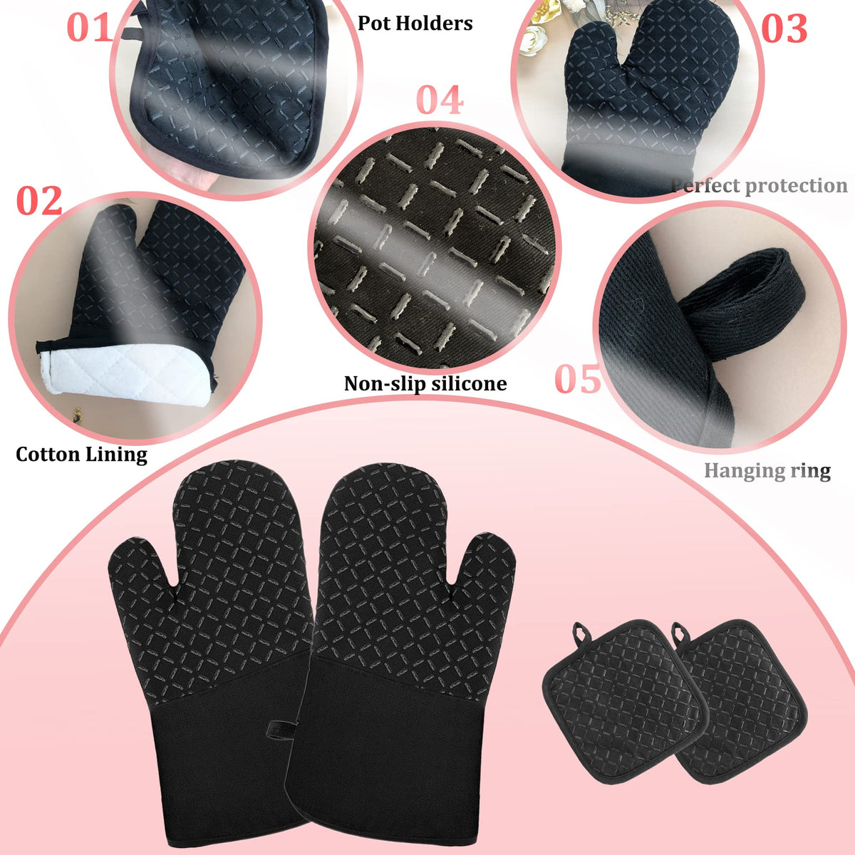 Pynqdfu 12.5-inch oven gloves protect hands, wrists, and forearms.