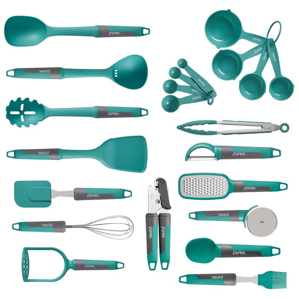 Pyrex 22-piece silicone utensils spatula for gentle, non-stick flipping.
