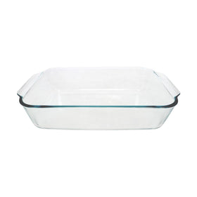 Pyrex 233-D deep baking dish; non-porous glass preserves flavor and resists odors.