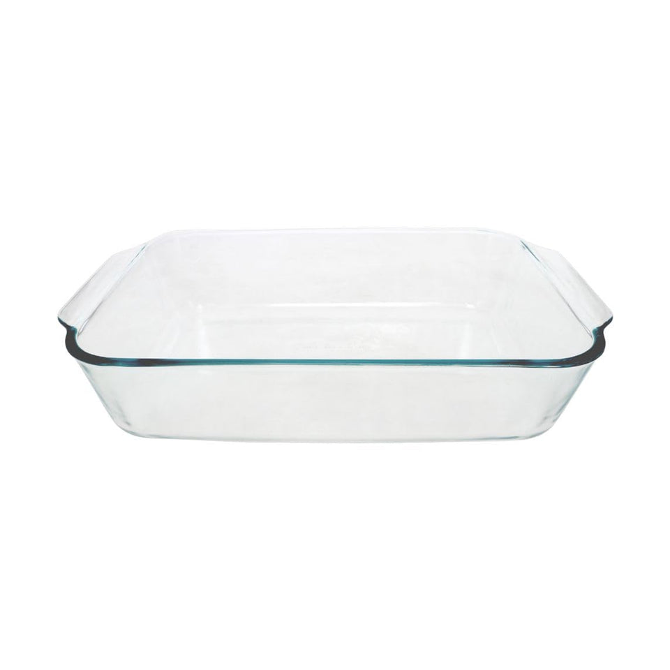 Pyrex 233-D deep baking dish; non-porous glass preserves flavor and resists odors.