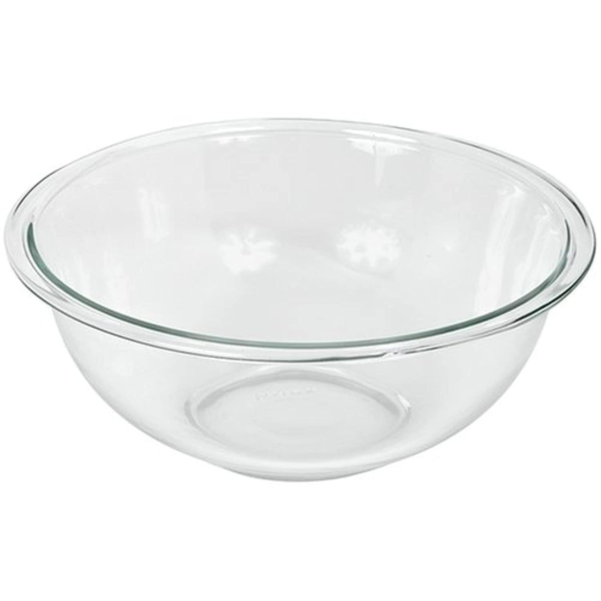 Pyrex 325 2.5qt glass mixing bowl, front view, durable for everyday mixing.