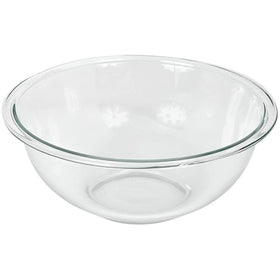 Pyrex 325 2.5qt glass mixing bowl, front view, durable for everyday mixing.