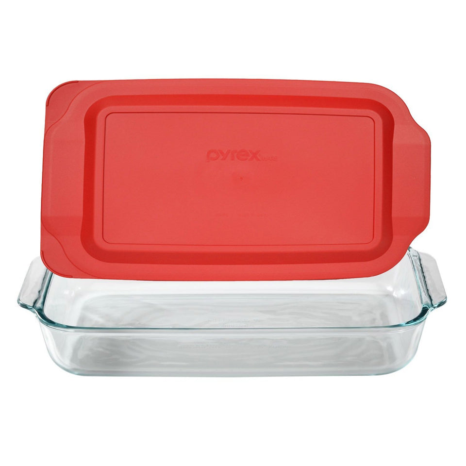 Pyrex 3qt rectangular glass baking dish shown for oven and table use.