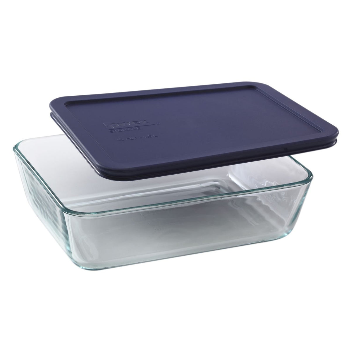 Pyrex 4-pack set of glass dishes with dark blue lids for organized storage.