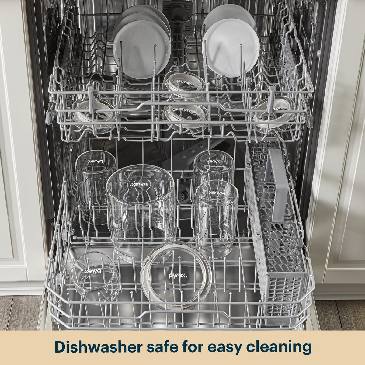Pyrex glass canisters are dishwasher safe for easy cleanup.