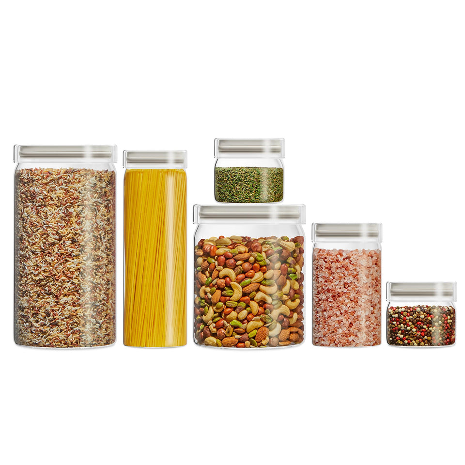 Pyrex 6-pack glass canister set with airtight lids for pantry storage.