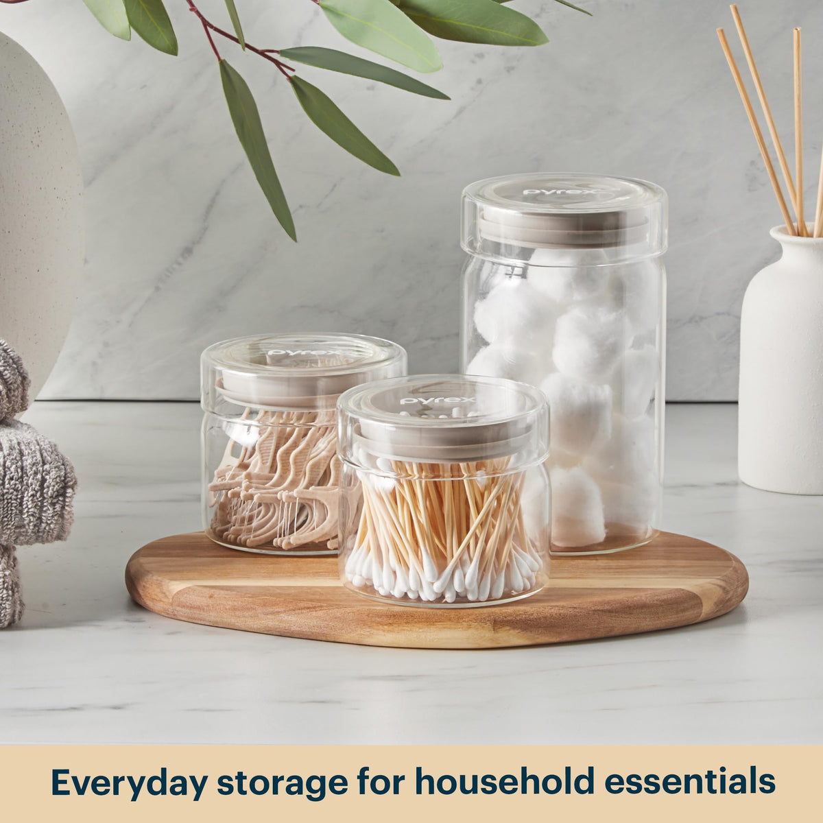 Pyrex canisters in different sizes ideal for pasta or flour storage.