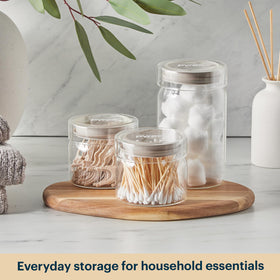 Pyrex canisters in different sizes ideal for pasta or flour storage.