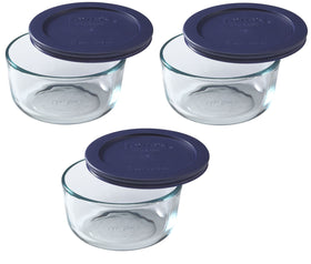 Pyrex 7200 2-cup glass bowl with dark blue lid, ideal for meal prep and fresh storage