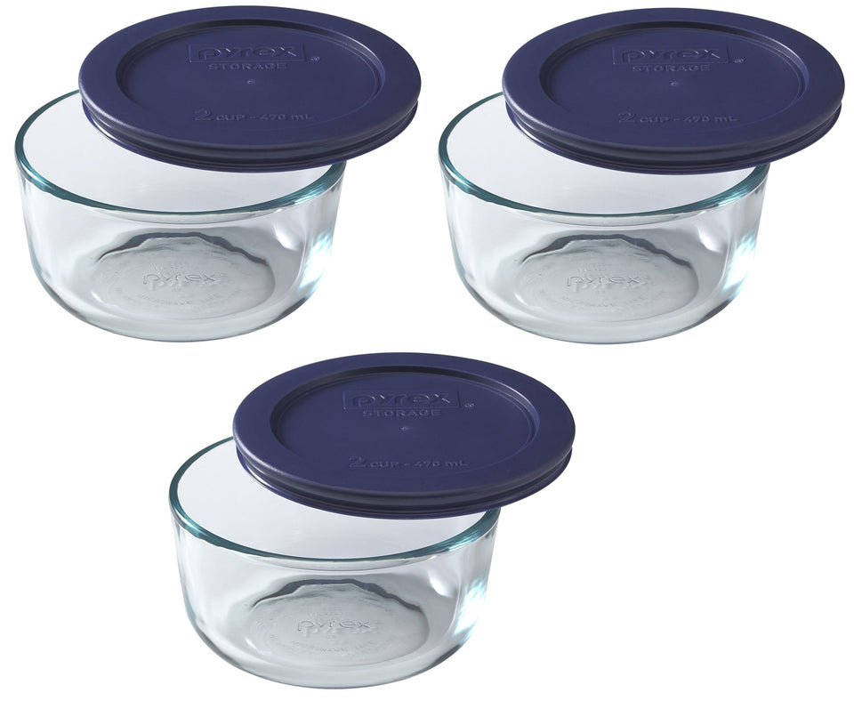 Pyrex 7200 2-cup glass bowl with dark blue lid, ideal for meal prep and fresh storage