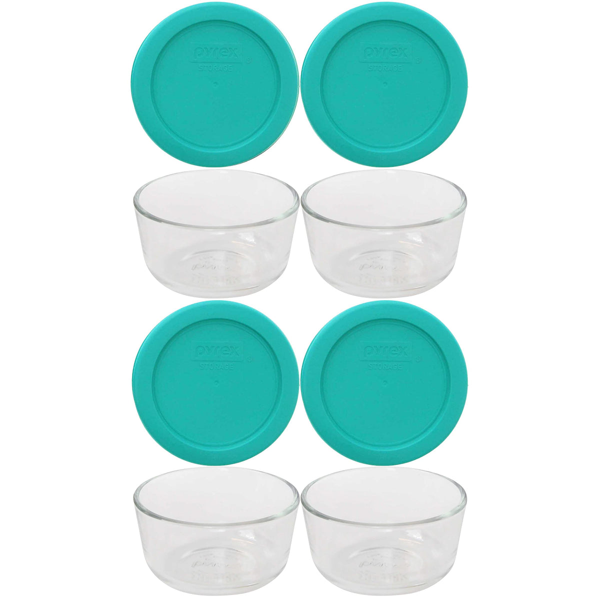 Pyrex 7202 1-cup glass bowls in front view with crystal-clear, non-porous glass.