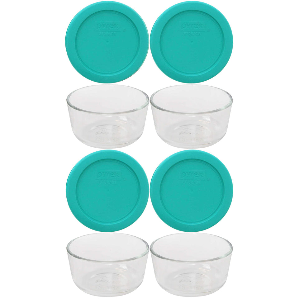 Pyrex 7202 1-cup glass bowls in front view with crystal-clear, non-porous glass.