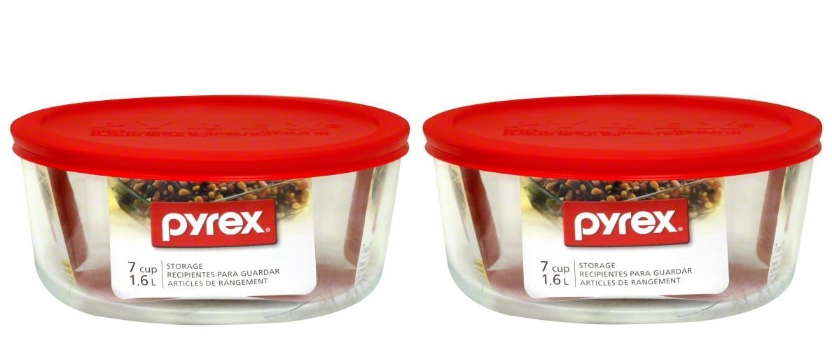Pyrex 7-cup glass bowl with red lid for secure coverage and fridge storage
