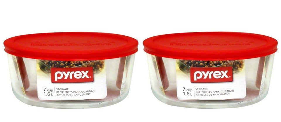 Pyrex 7-cup glass bowl with red lid for secure coverage and fridge storage