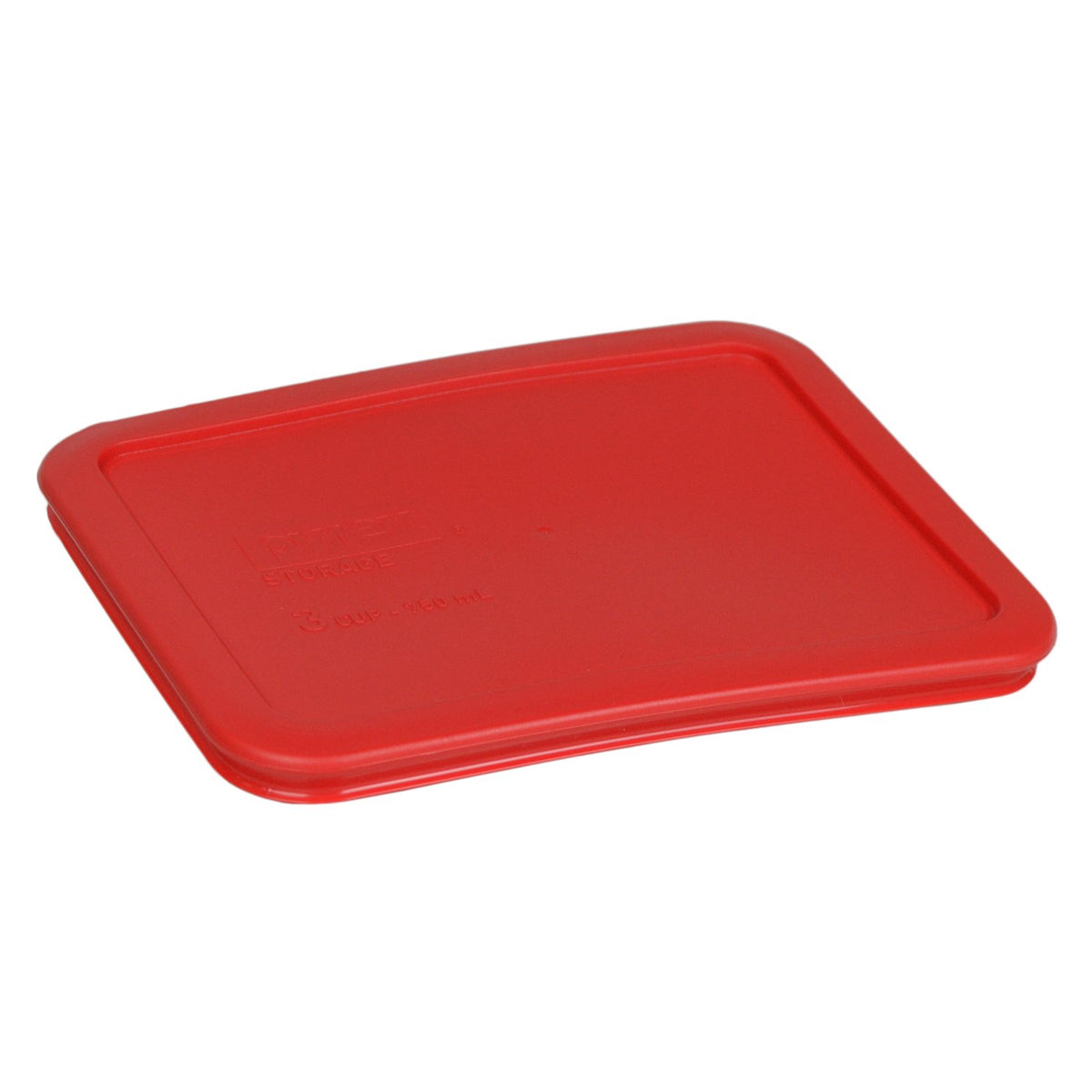 Pyrex 7210-PC red lids for 3-cup dish, back view, dishwasher-safe top rack.