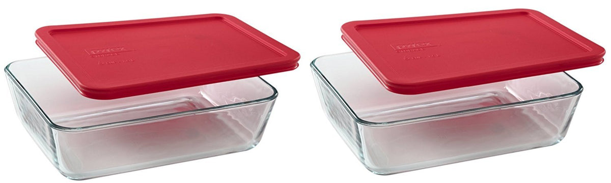 Pyrex 7211 glass dish with red lid, 6-cup capacity, ideal for meal prep and leftovers.