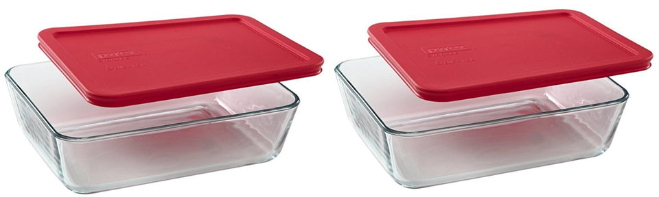 Pyrex 7211 glass dish with red lid, 6-cup capacity, ideal for meal prep and leftovers.