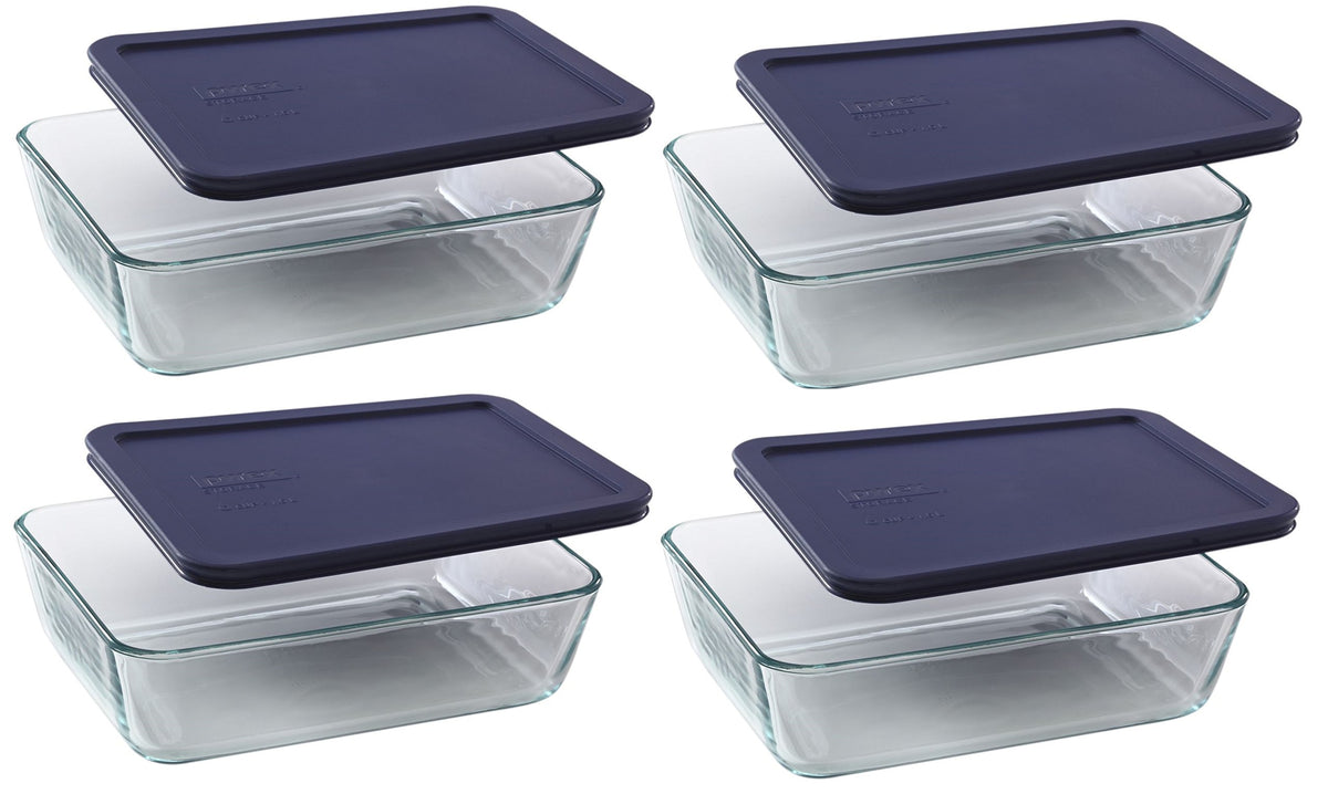 Pyrex 7211-PC dark blue lid on a glass dish, secure seal for leftovers.