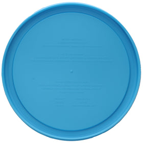 Pyrex 7402-PC bright blue lid top view highlights top-rack dishwasher-safe care.