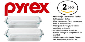 Pyrex Basics 3-quart oblong dish set of 2, dishwasher-safe for quick cleanup.