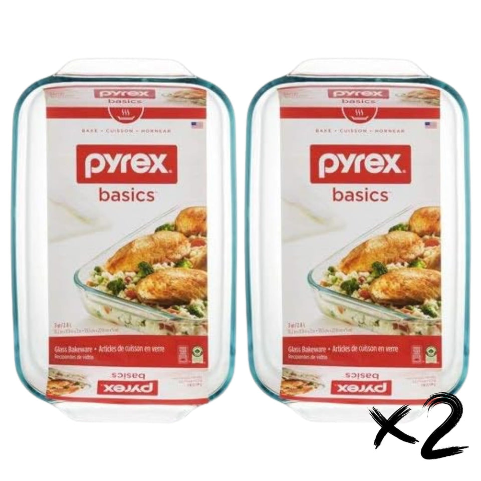 Pyrex Basics 3-quart oblong dish, front view, clear glass for easy monitoring while baking.