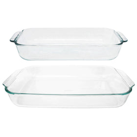 Pyrex Basics 3-quart clear glass baking dish, ideal for casseroles and roasting.