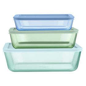 Pyrex Colors 3-cup rectangle glass container with lid for easy leftovers and grab-and-go meals.