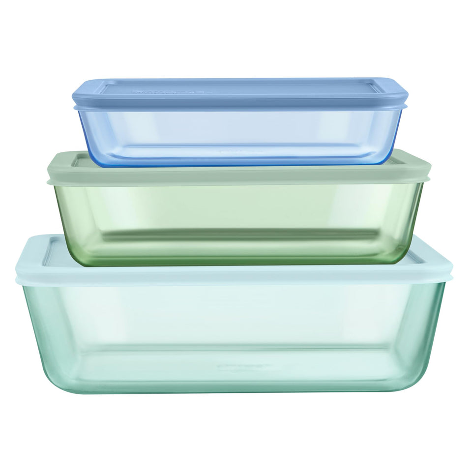 Pyrex Colors 3-cup rectangle glass container with lid for easy leftovers and grab-and-go meals.