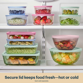 Pyrex Colors microwave-safe glass container ready for reheating meals quickly.