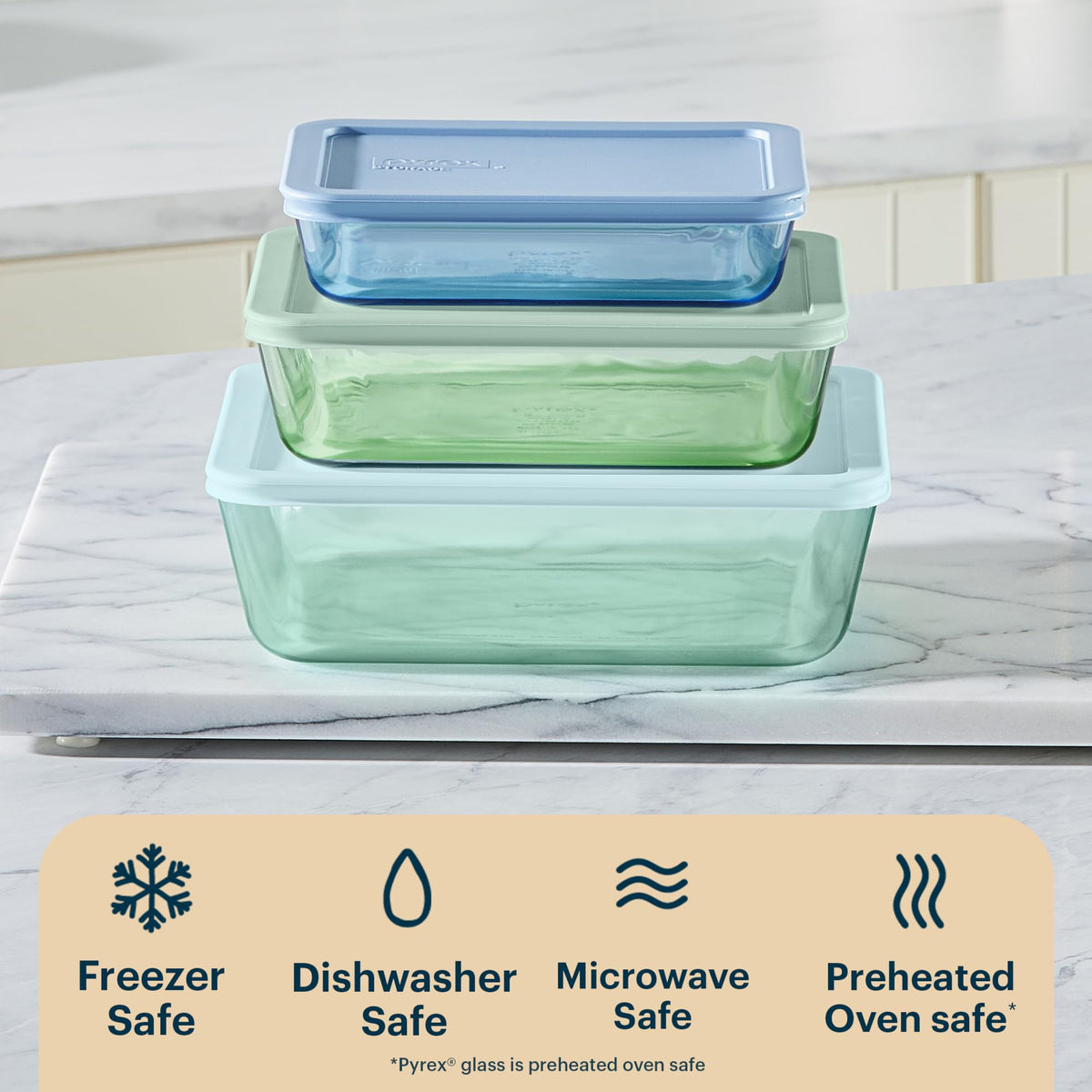 Pyrex Colors stain- and odor-resistant glass helps keep reusable containers clean.