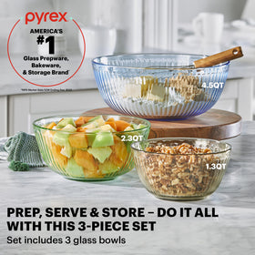 Pyrex Colors tinted 1.3qt bowl used for mixing ingredients.