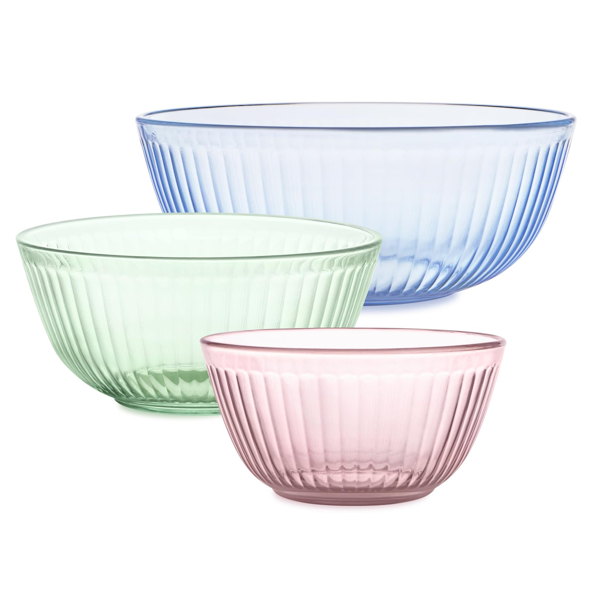 Pyrex Colors tinted 3-pack bowls displayed together for versatile prep and serving