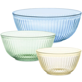 Pyrex Colors tinted 3-piece bowls nested for space-saving prep.