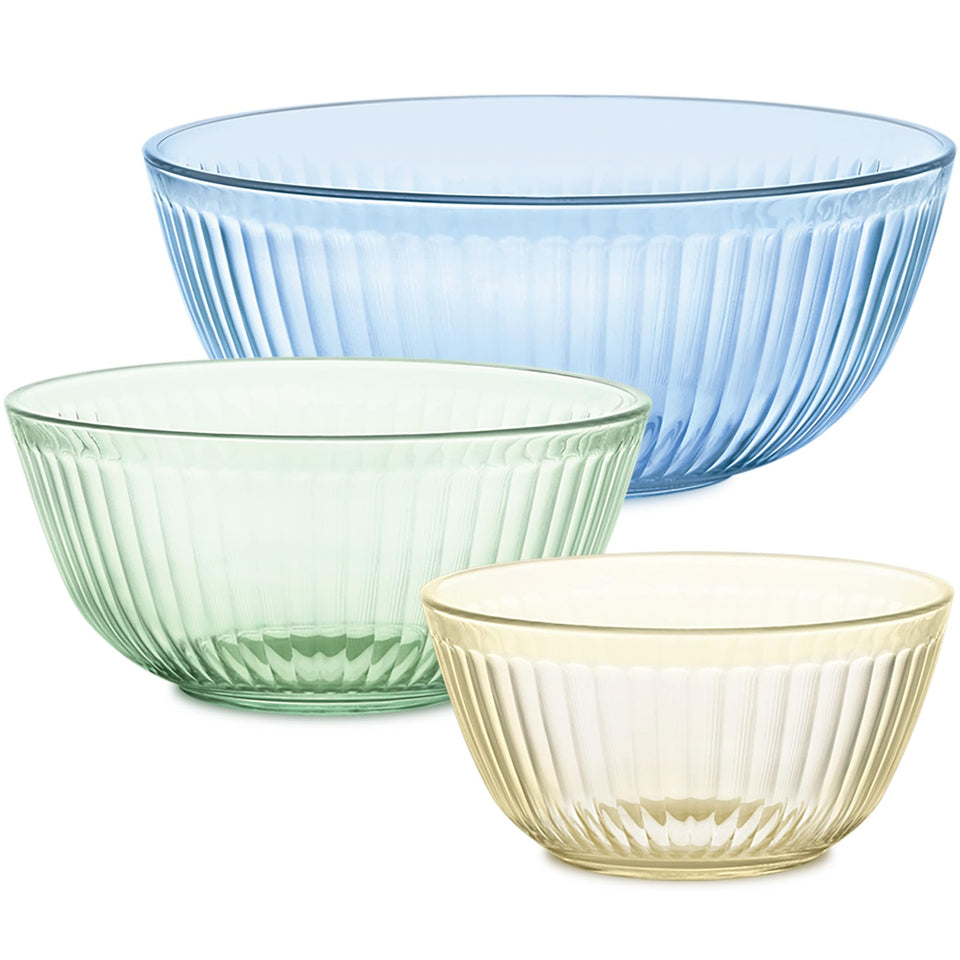 Pyrex Colors tinted 3-piece bowls nested for space-saving prep.