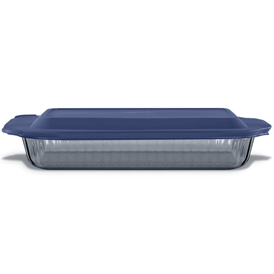 Pyrex Colors Tinted 9x13 baking dish ready for oven and table, ideal for casseroles.