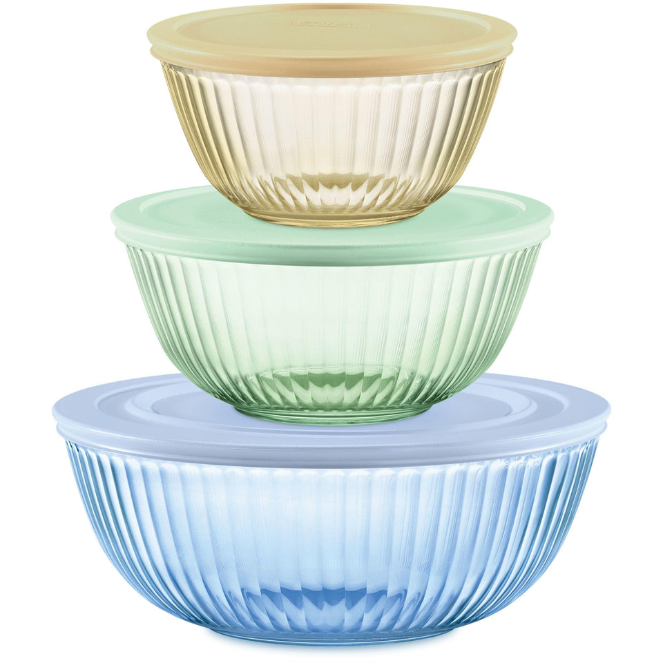 Pyrex Colors tinted 1.3qt mixing bowl with lid for versatile prep and serving
