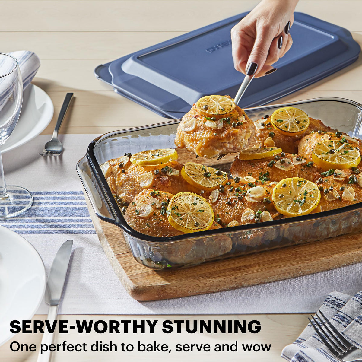 Casserole being plated from Pyrex Colors Tinted 9x13 dish.