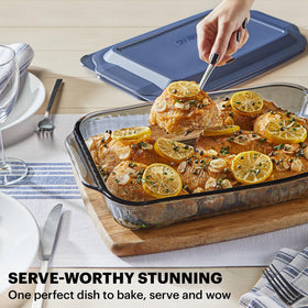 Casserole being plated from Pyrex Colors Tinted 9x13 dish.