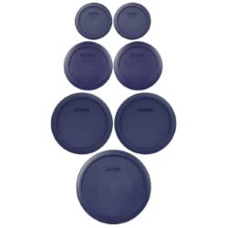 Pyrex dark-blue plastic lids for glass bowls provide a snug seal for fridge and freezer storage.